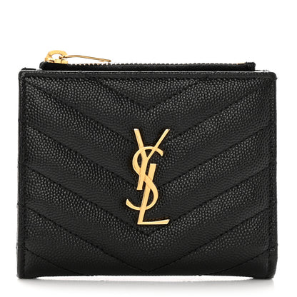 Saint Laurent Grain De Poudre Matelasse Chevron Monogram Zipped Card Case Black 1 of 12