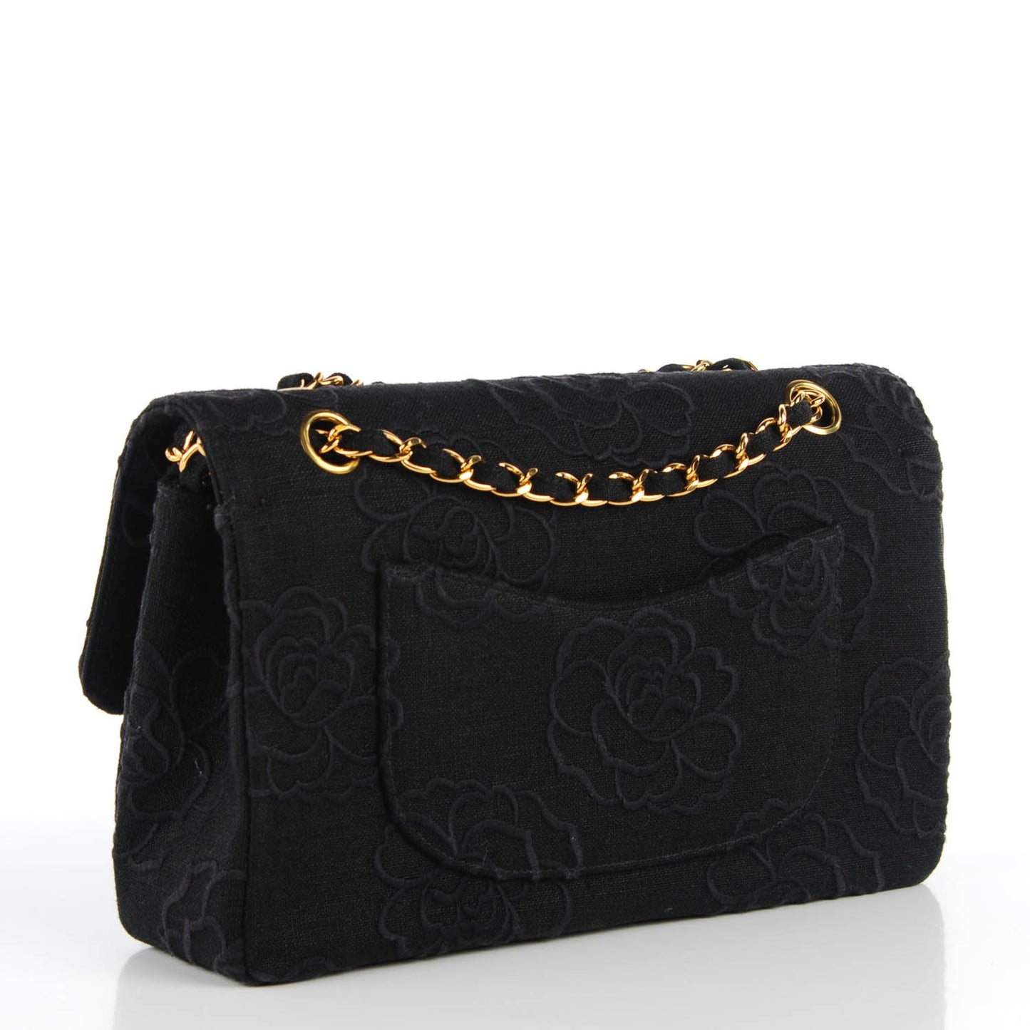 Canvas Camellia Embroidered Medium Double Flap Black