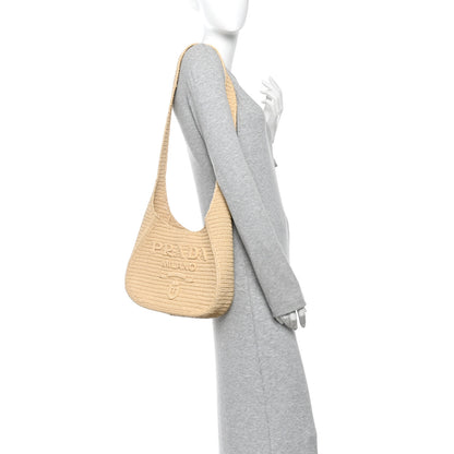 Prada Yarn Raffia Effect Crochet Embroidered Logo Hobo Naturale 2 of 13