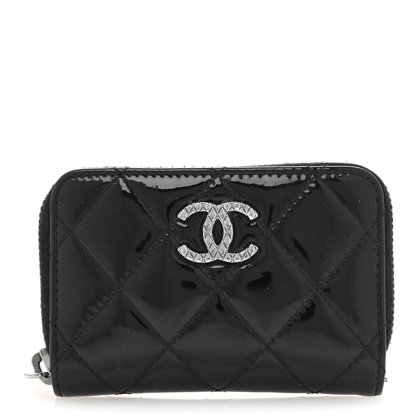 Patent Calfskin Quilted Brilliant Zip Coin Purse Wallet Black