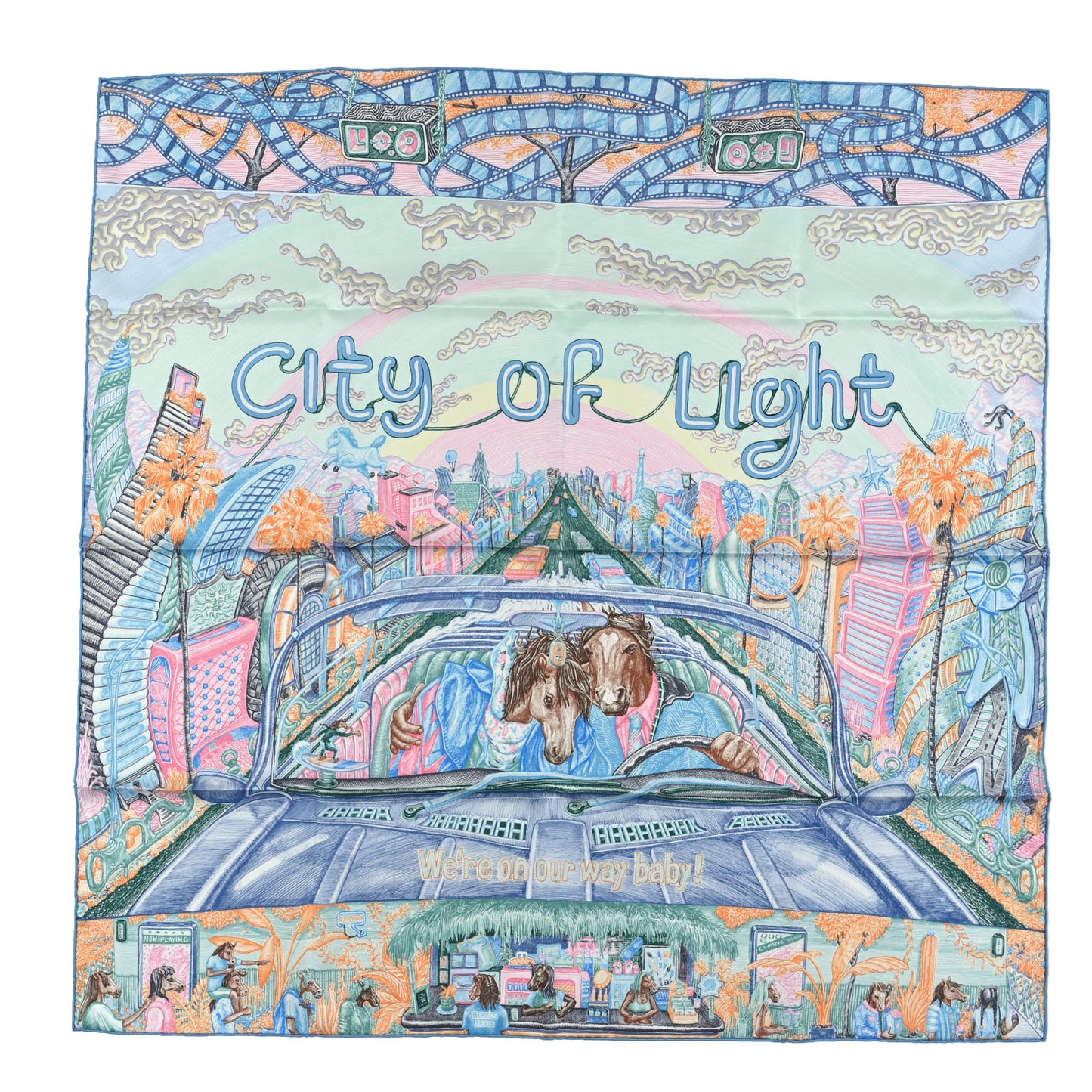 Silk City Of Light Scarf 90 Bleu Jean Rose Vert Veronese