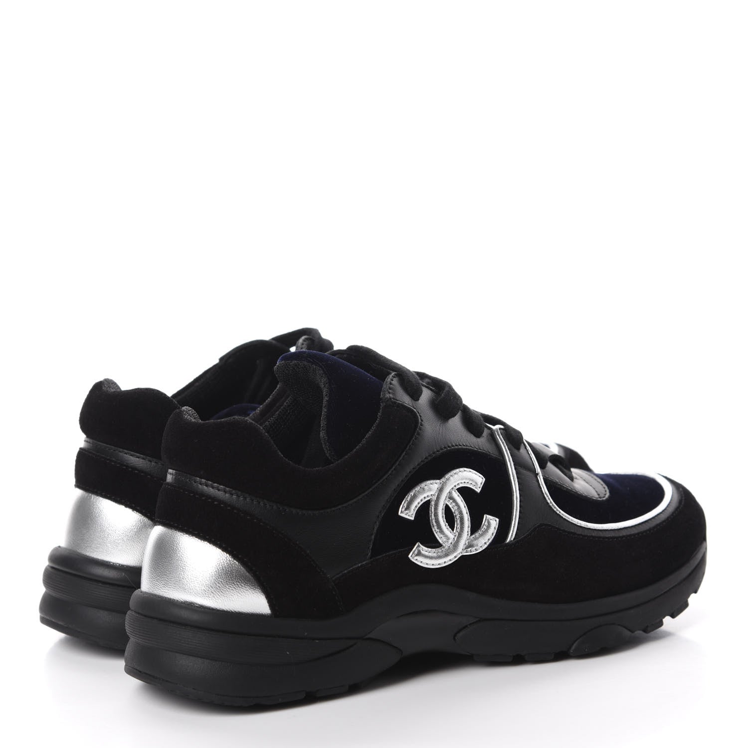 Chanel Suede Velvet Lambskin CC Sneakers 35 Black Blue Silver 4 of 8