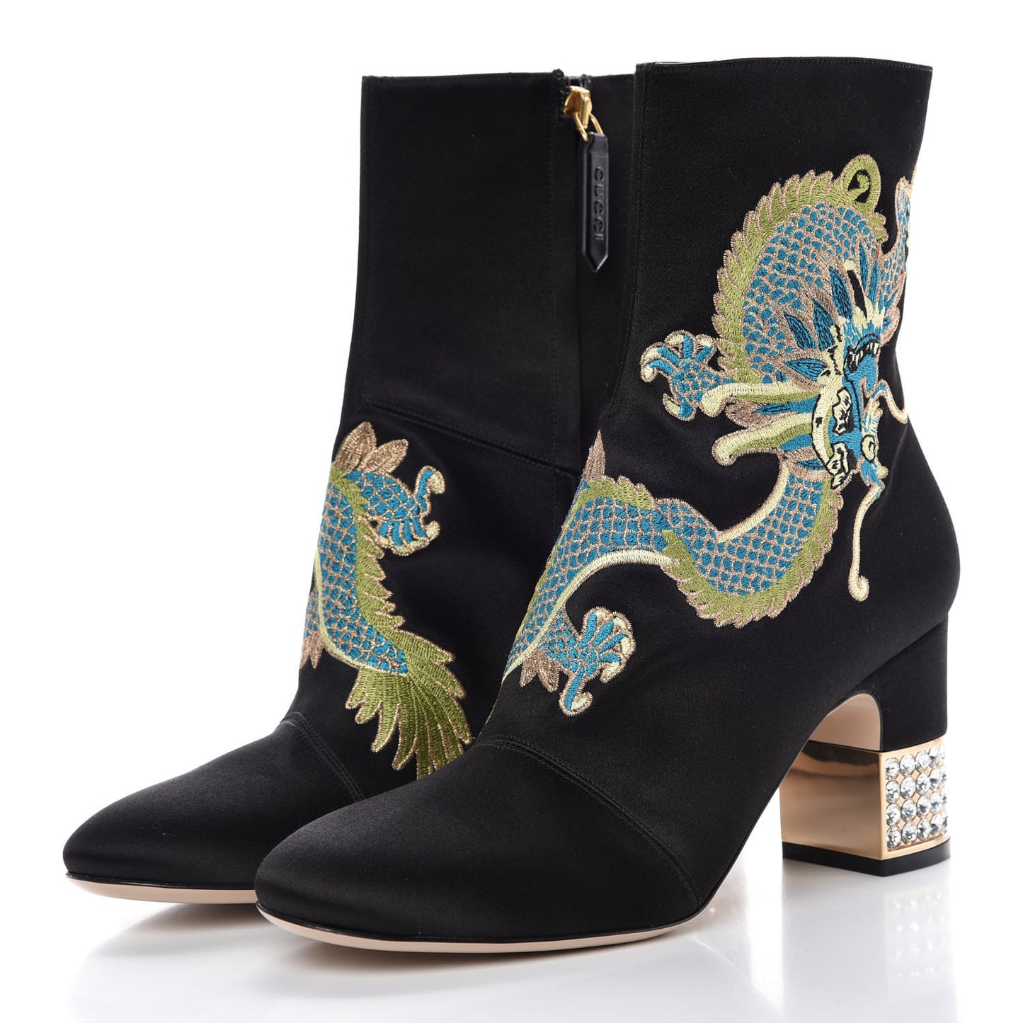 Silk Satin Malaga Kid Embroidered Candy Dragon Block-Heel Ankle Boot 37 Black