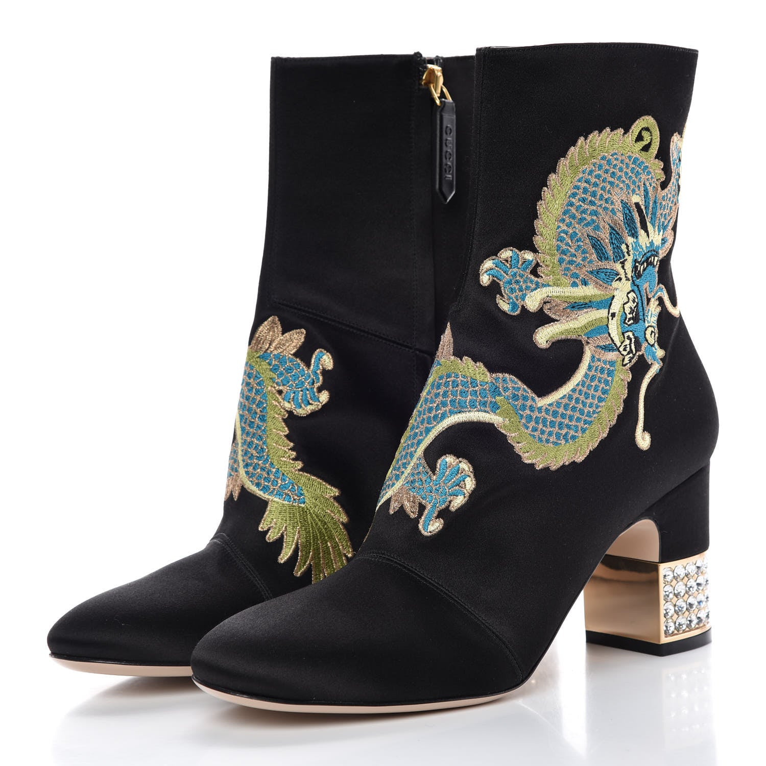 Gucci Silk Satin Malaga Kid Embroidered Candy Dragon Block-Heel Ankle Boot 37 Black 6 of 13