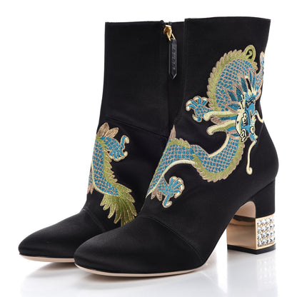 Gucci Silk Satin Malaga Kid Embroidered Candy Dragon Block-Heel Ankle Boot 37 Black 6 of 13