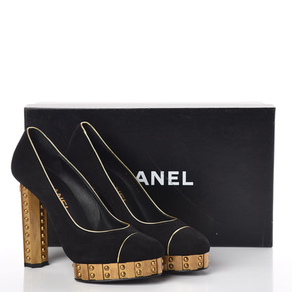 Chanel Suede Studded Platform Pumps 37.5 Black Gold 8 of 8