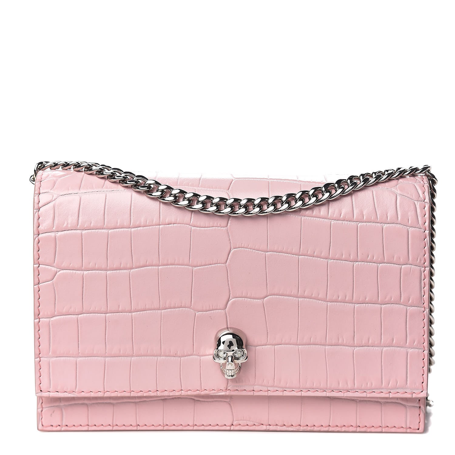 Alexander McQueen Calfskin Crocodile Embossed Skull Mini Crossbody Bag Pink 1 of 11