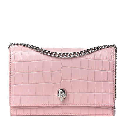 Alexander McQueen Calfskin Crocodile Embossed Skull Mini Crossbody Bag Pink 1 of 11