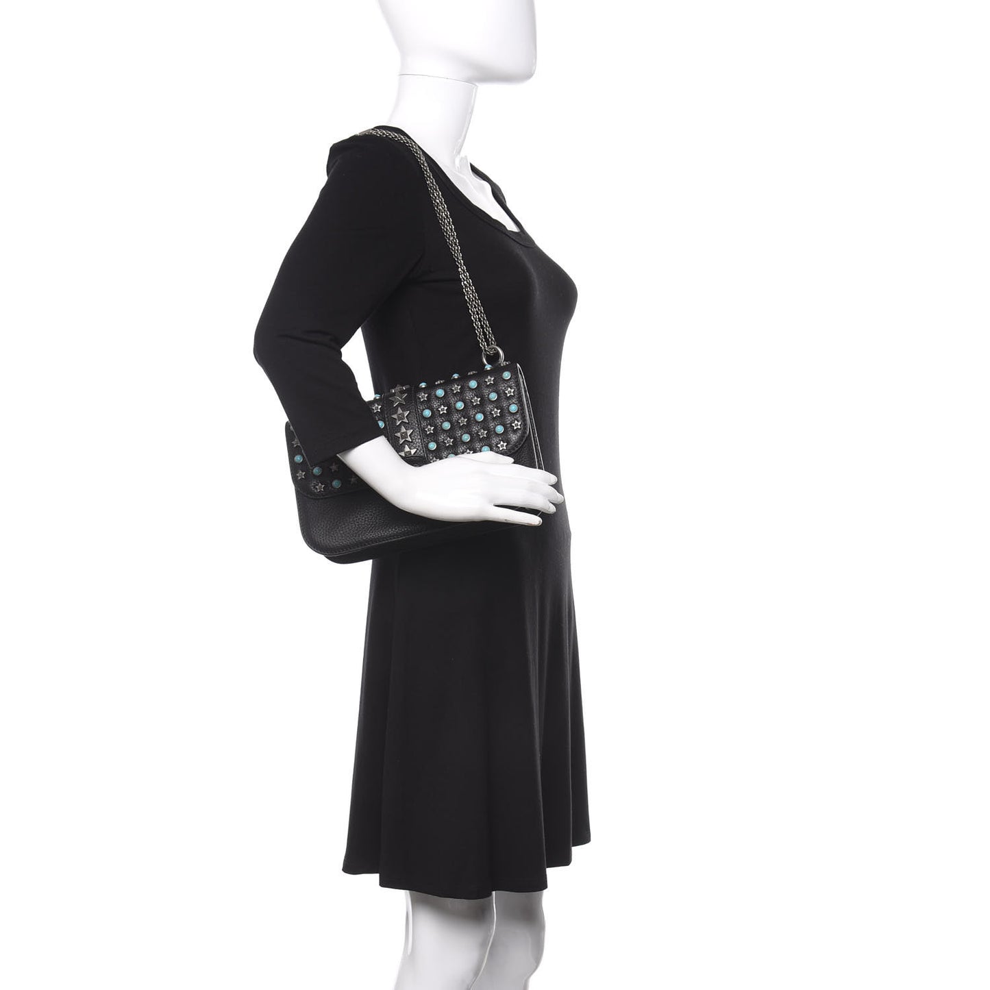 Pebbled Calfskin Star Studded Medium Lock Flap Black