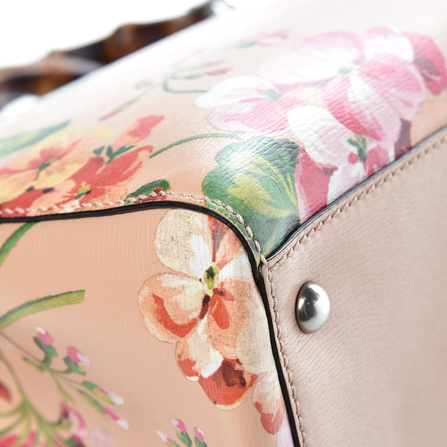 Gucci Shangai Calfskin Blooms Print Medium Bamboo Shopper Tote Pink Apricot Multicolor 12 of 16