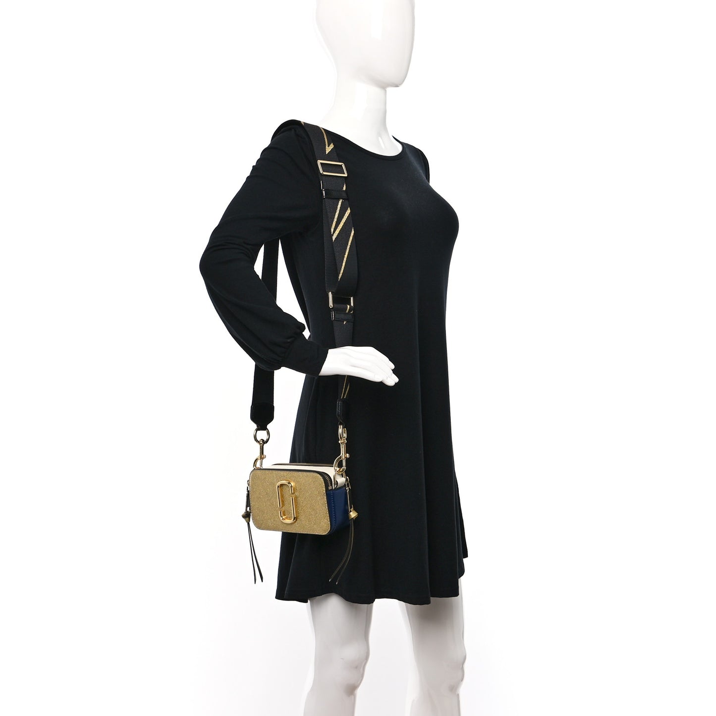 Saffiano Small Snapshot Camera Bag Gold Navy