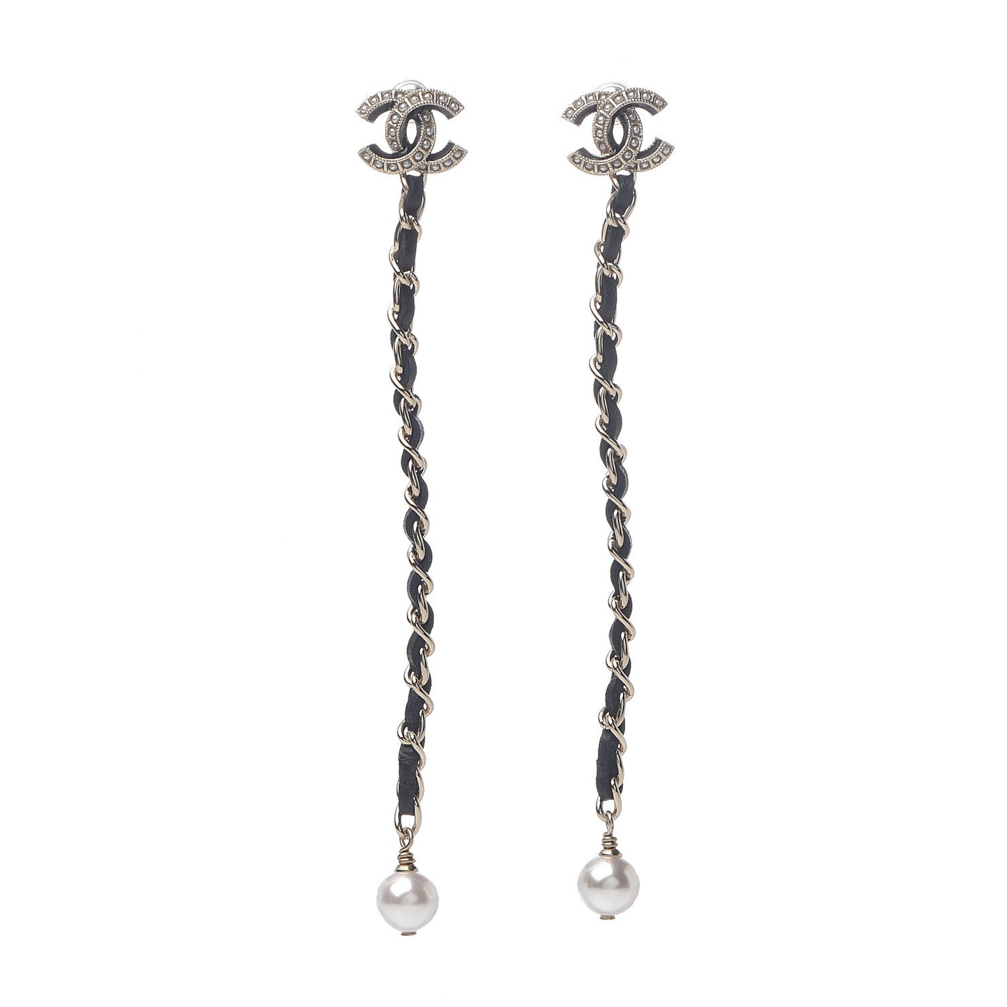 Lambskin Chain Crystal Pearl CC Drop Earrings Gold