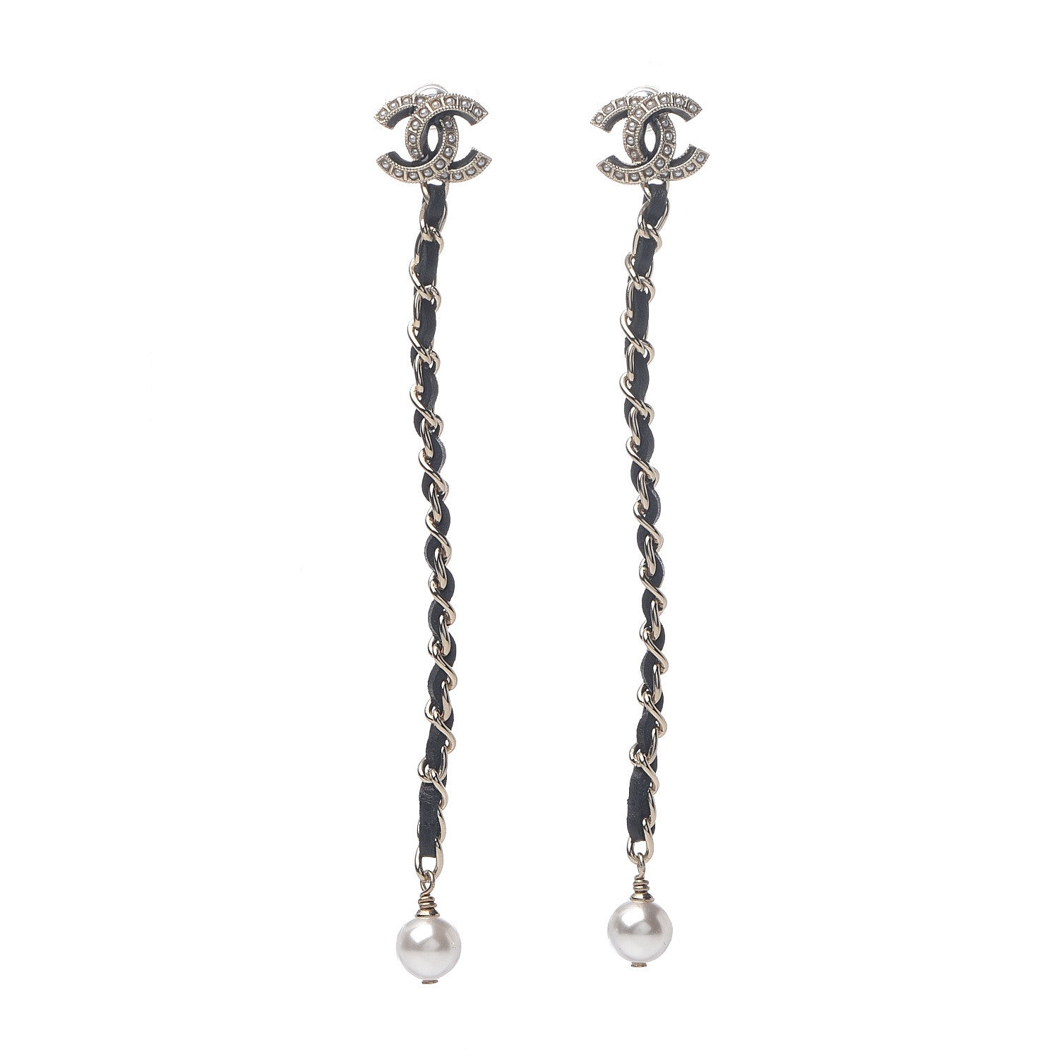 Chanel Lambskin Chain Crystal Pearl CC Drop Earrings Gold 1 of 4