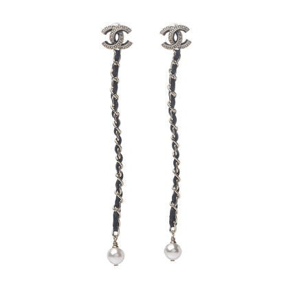 Chanel Lambskin Chain Crystal Pearl CC Drop Earrings Gold 1 of 4