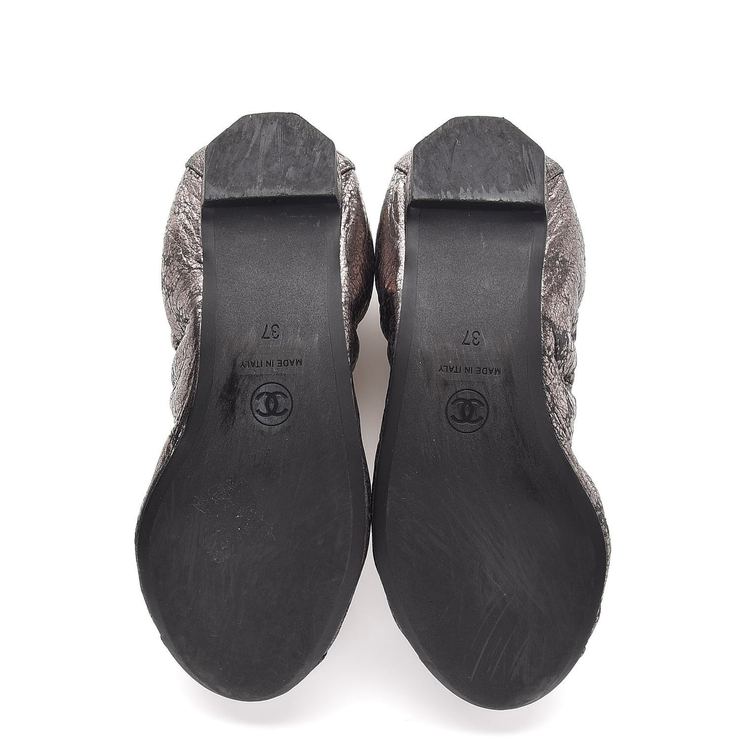 Metallic Crackled Calfskin CC Elastic Cap Toe Ballerina Flats 37 Dark Brown Black