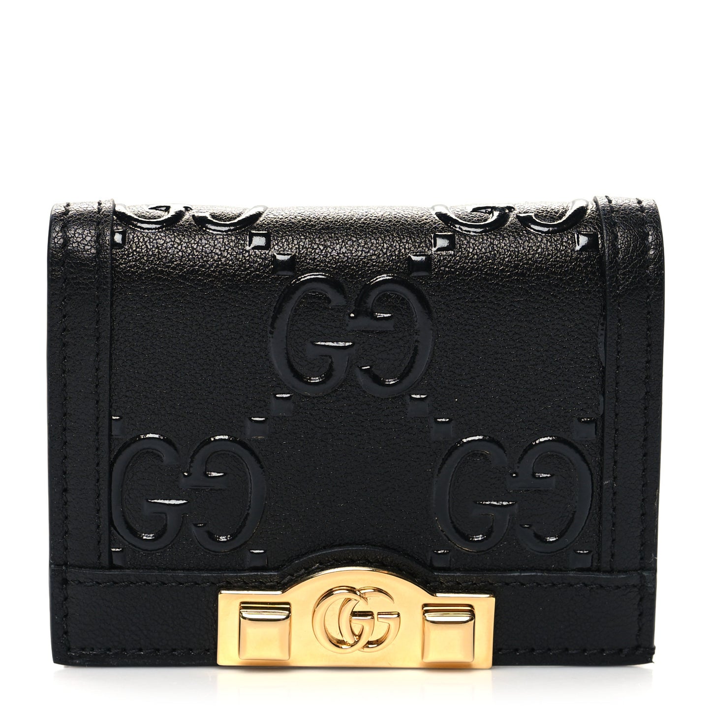 Wonka Grain Calfskin GG Monogram Embossed Card Case Wallet Black