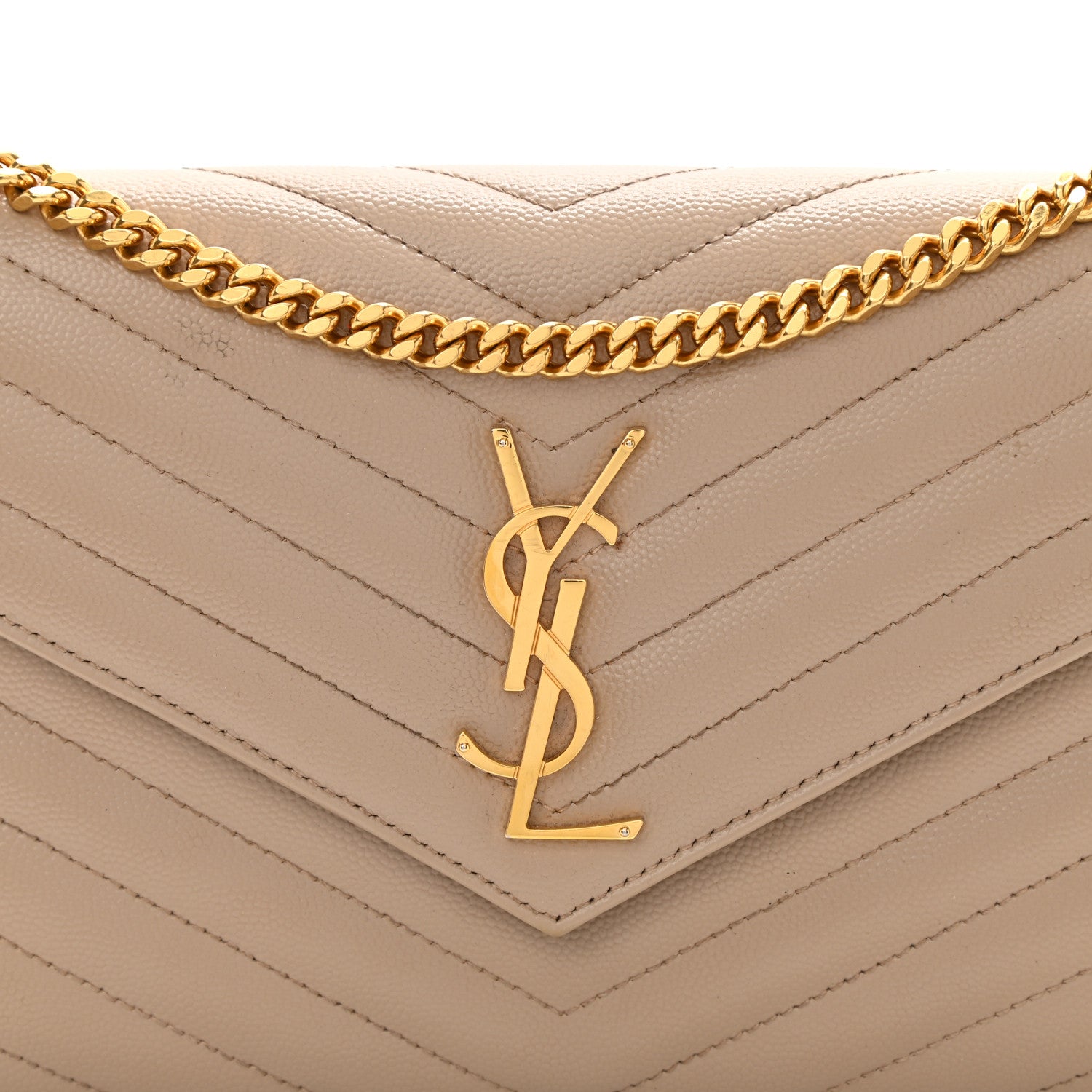 Saint Laurent Grain De Poudre Matelasse Chevron Monogram Chain Wallet Deep Beige 7 of 9