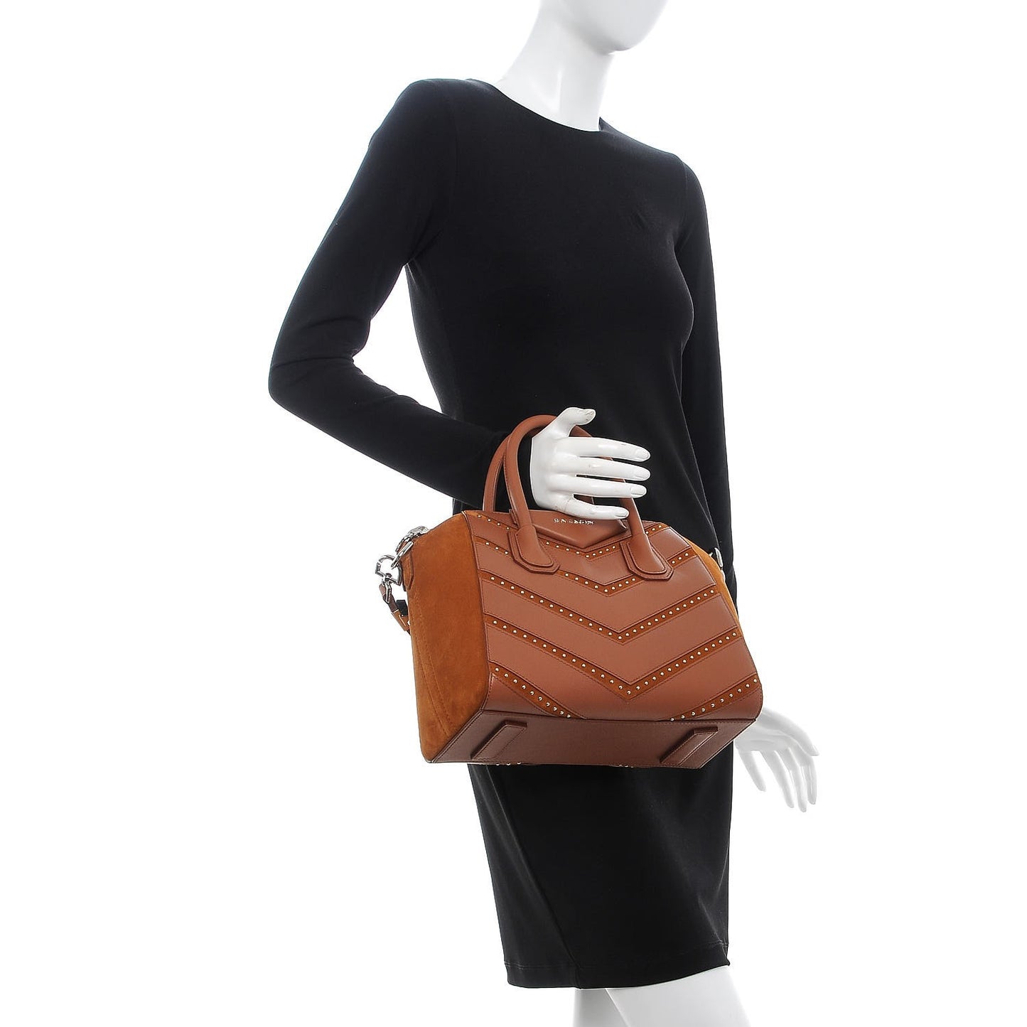 Calfskin Suede Small Studded Chevron Antigona Cognac