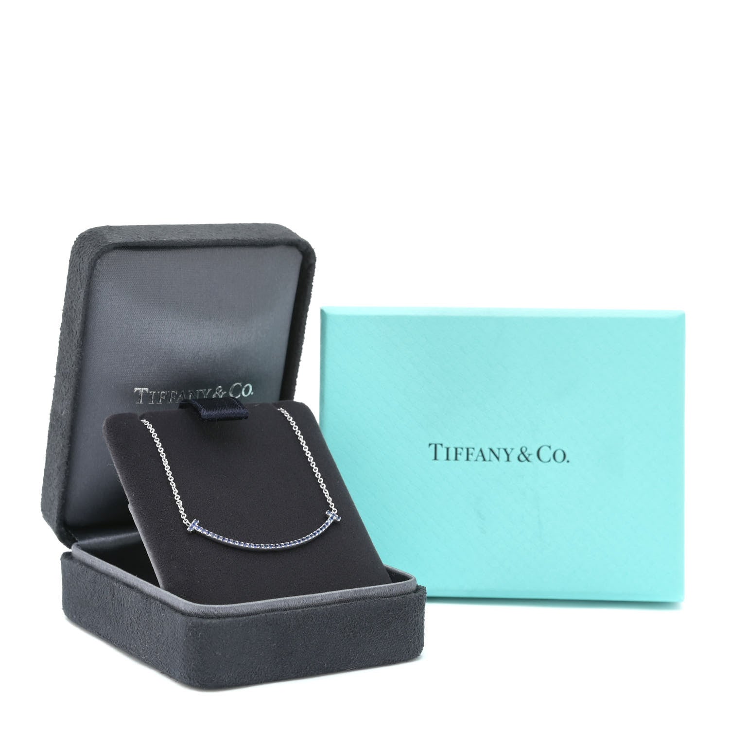 Tiffany 18K White Gold Blue Sapphire Small T Smile Pendant Necklace 7 of 7