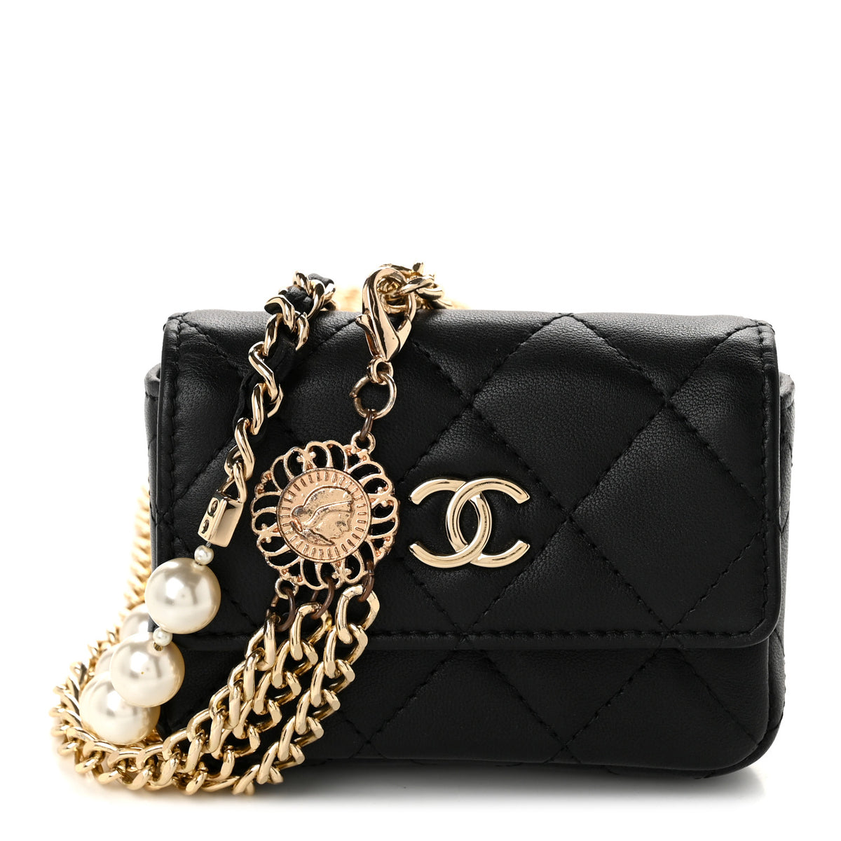 Lambskin Quilted Pearl Chain Belt Bag Black