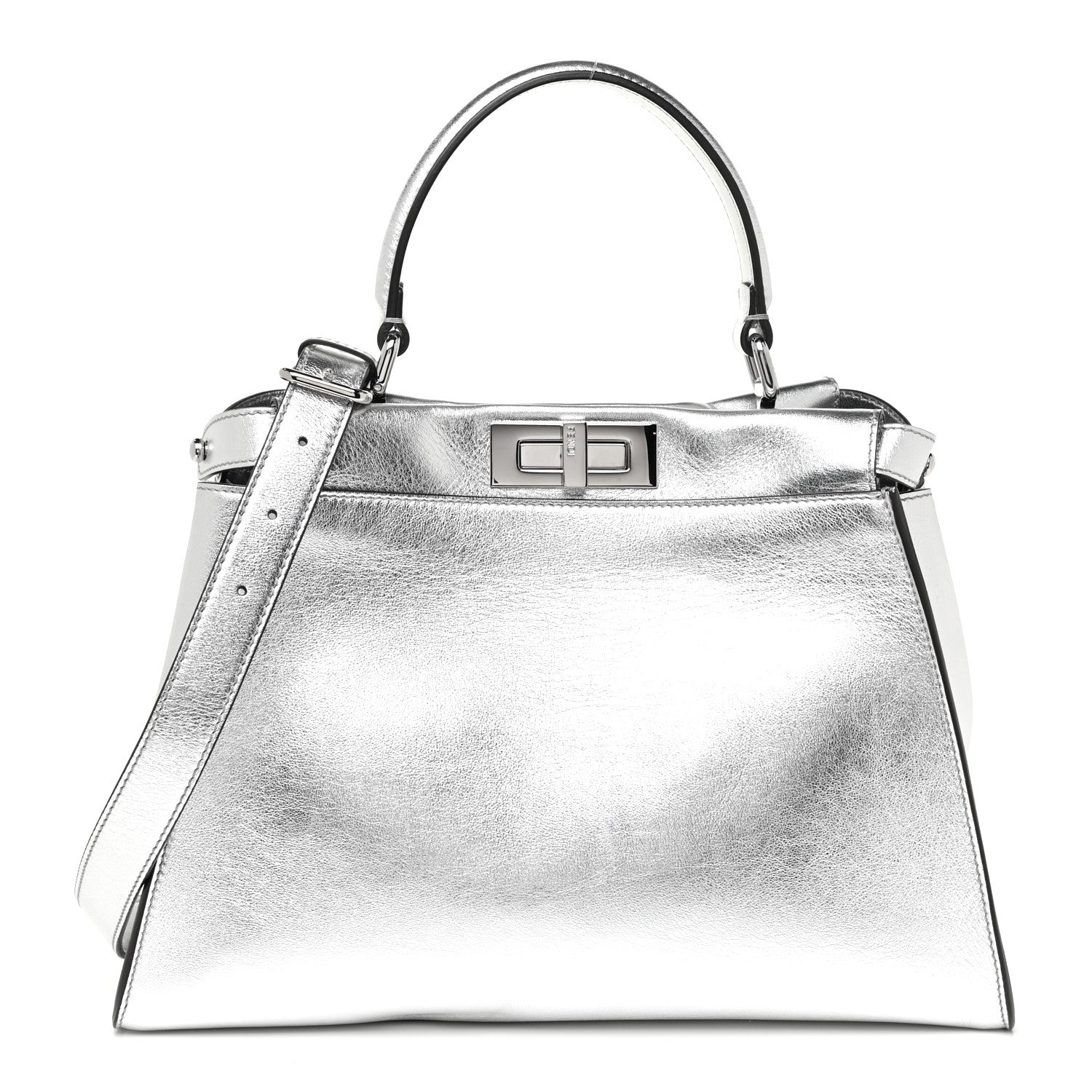 Fendi Vitello Catalan Mirror Medium Peekaboo Iconic Satchel Argento 1 of 14