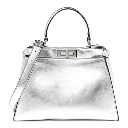 Fendi Vitello Catalan Mirror Medium Peekaboo Iconic Satchel Argento 1 of 14