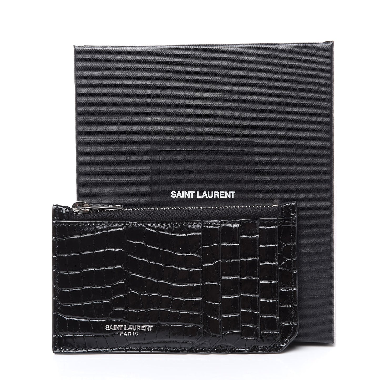 Calfskin Crocodile Embossed 5 Fragments Zip Pouch Card Holder Black