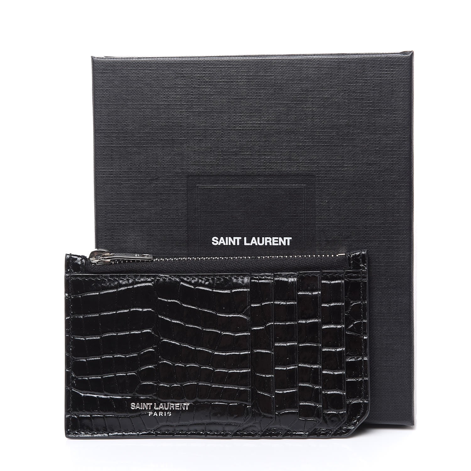 Saint Laurent Calfskin Crocodile Embossed 5 Fragments Zip Pouch Card Holder Black 8 of 8