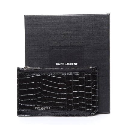 Saint Laurent Calfskin Crocodile Embossed 5 Fragments Zip Pouch Card Holder Black 8 of 8