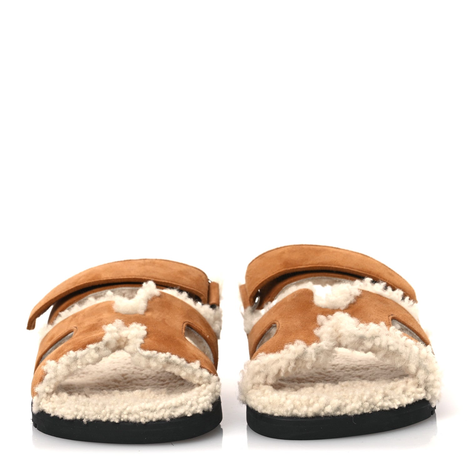 Hermes Suede Goatskin Woolskin Womens Chypre Sandals 37 Brun Fume Ecru 3 of 11