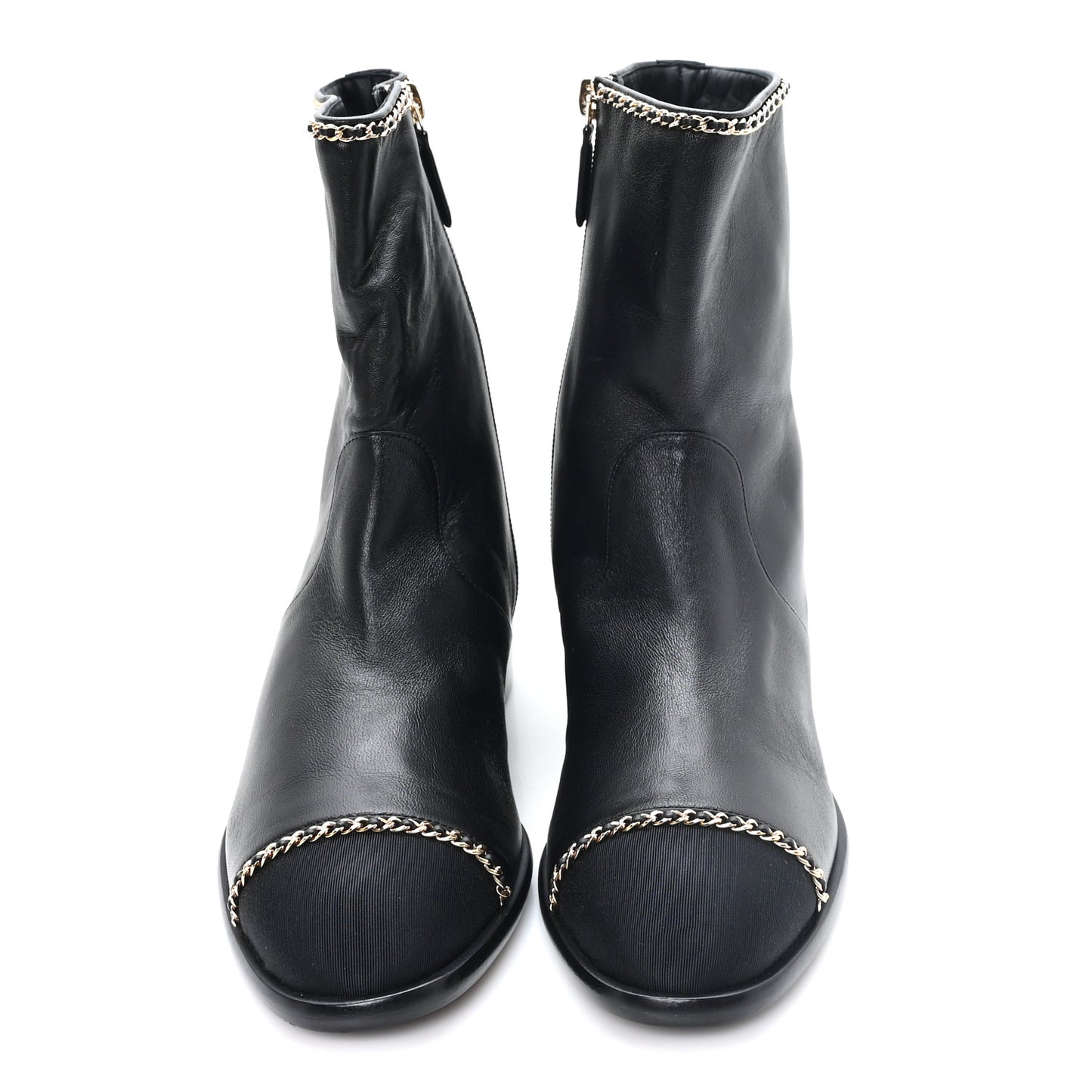 Lambskin Grosgrain Cap Toe Chain Short Boots 38 Black