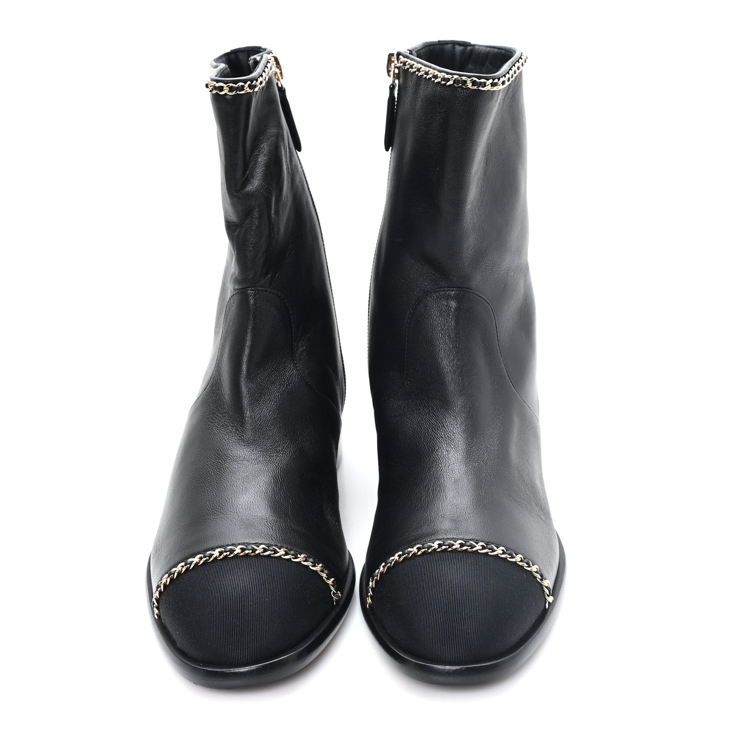 Chanel Lambskin Grosgrain Cap Toe Chain Short Boots 38 Black 3 of 9