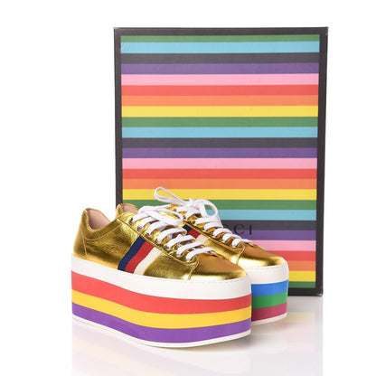 Gucci Metallic Nappa Sylvie Web Peggy Platform Sneakers 37.5 Oro Vecchio 12 of 12