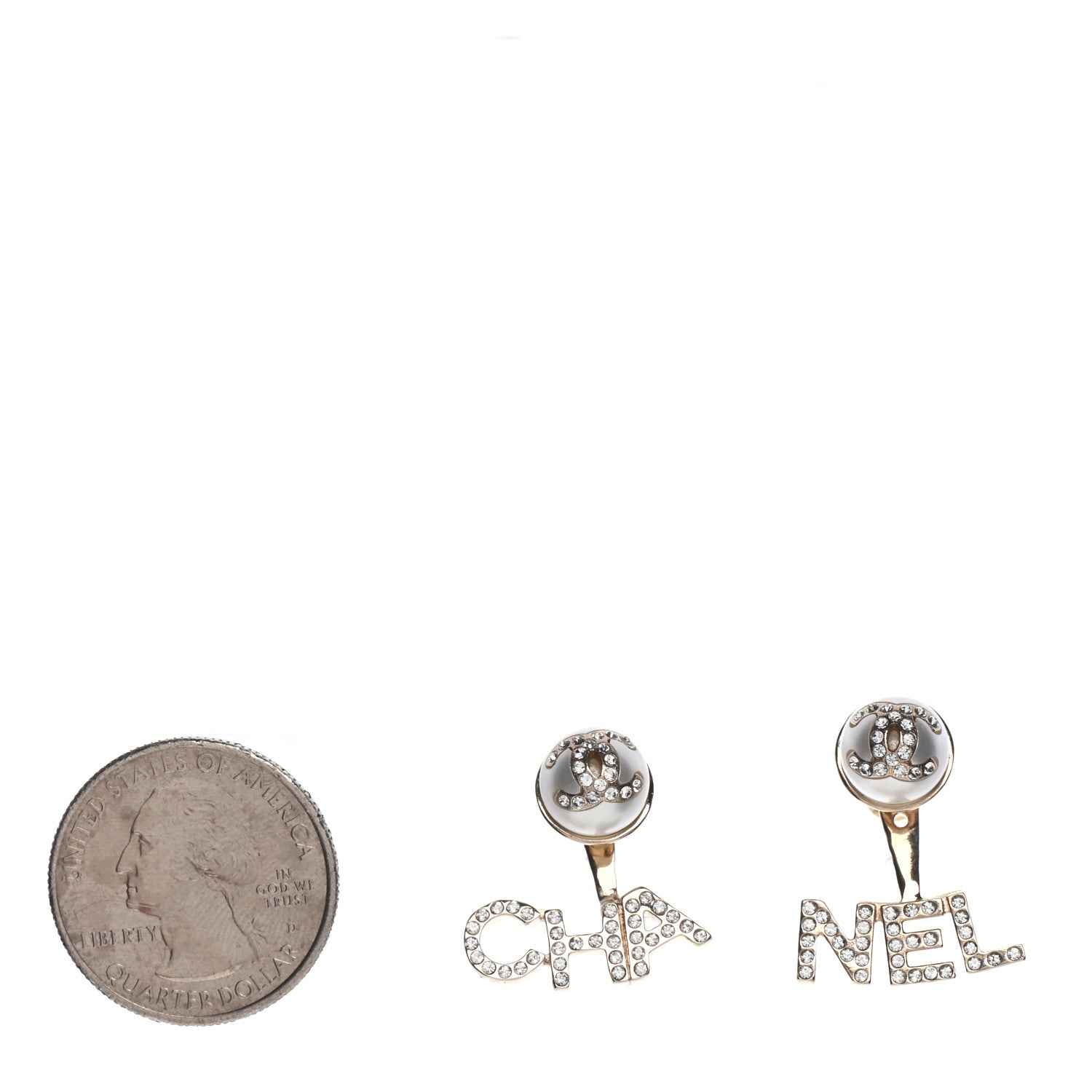 Chanel Pearl Crystal Logo Earrings Gold Pearly White 2 of 5