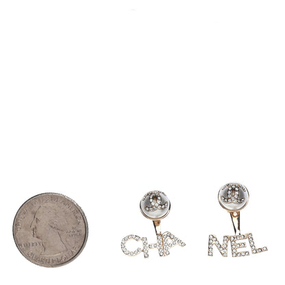 Chanel Pearl Crystal Logo Earrings Gold Pearly White 2 of 5