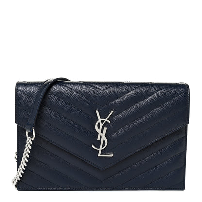 Saint Laurent Grain De Poudre Matelasse Chevron Monogram Envelope Chain Wallet Black 1 of 9