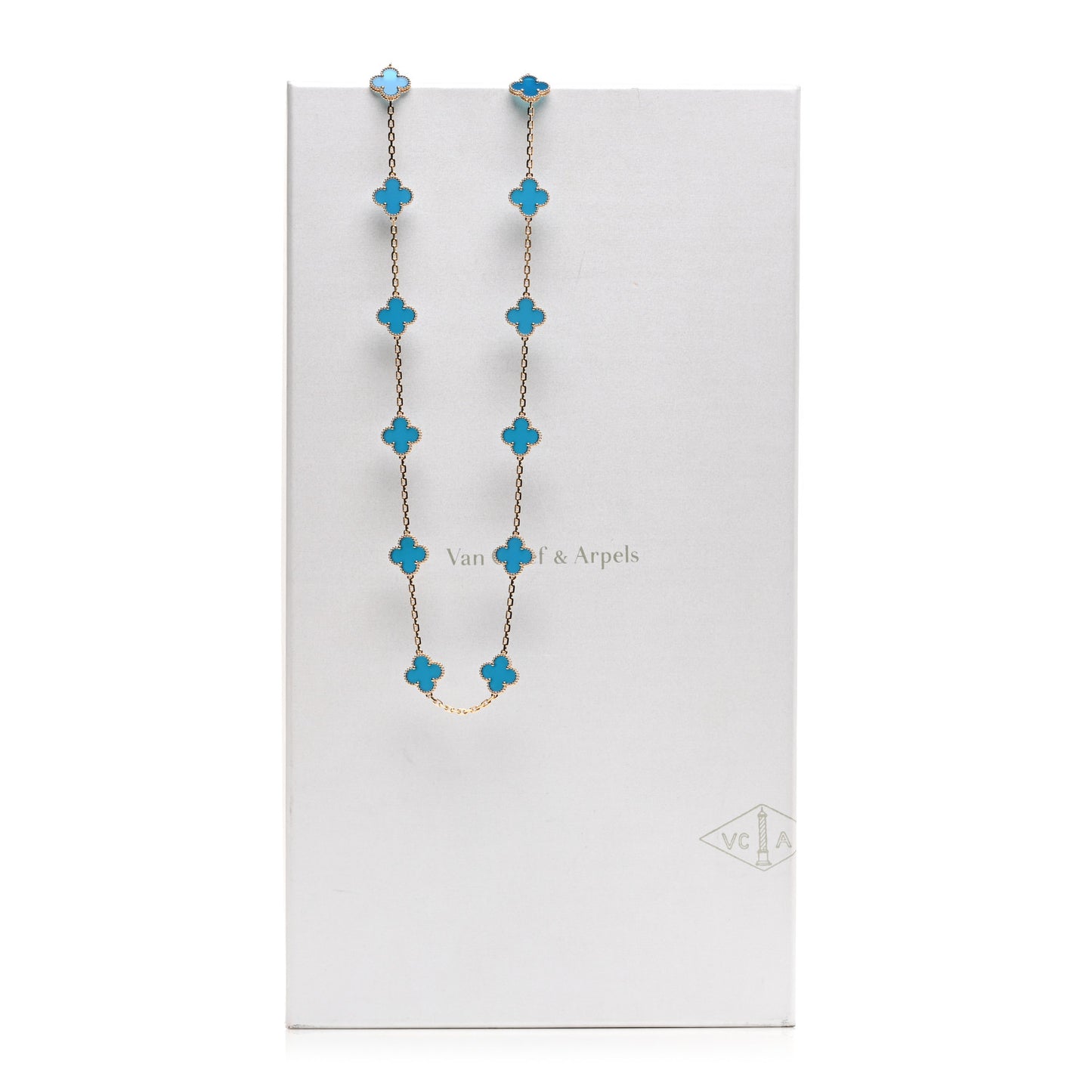 18K Yellow Gold Blue Agate 20 Motifs Vintage Alhambra Necklace
