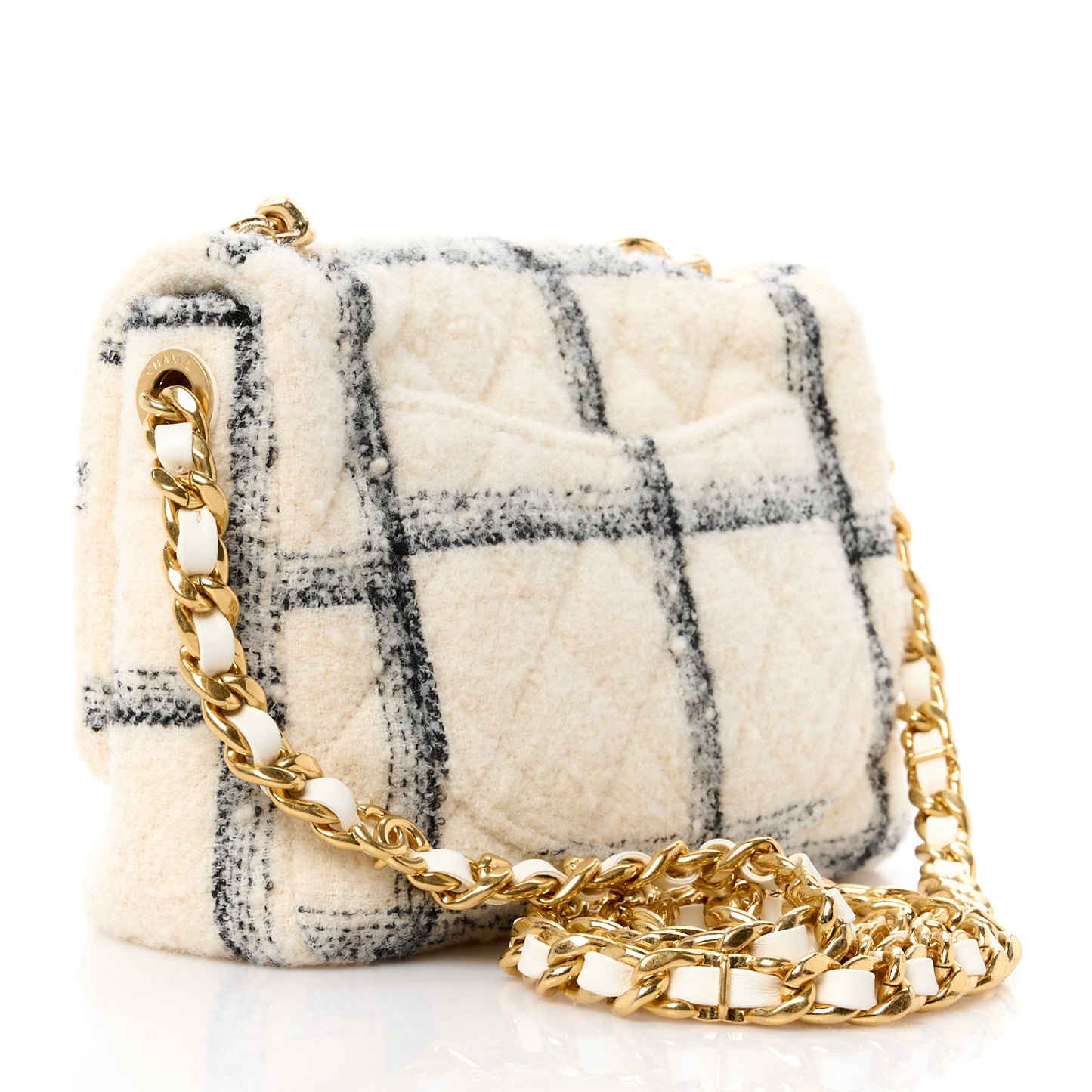 Wool Tweed Quilted Small Elegant Chain Flap White