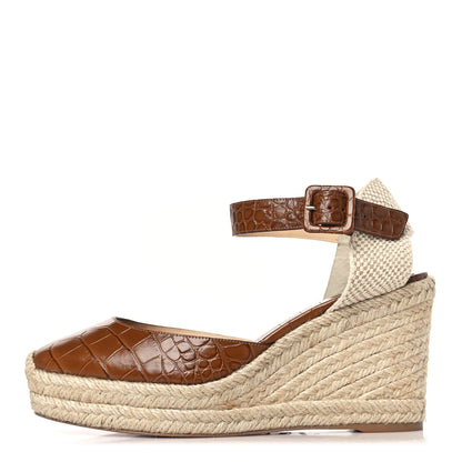 Christian Louboutin Calfskin Crocodile Embossed Amelia 90 Espadrille Wedges 39 Brown 1 of 9