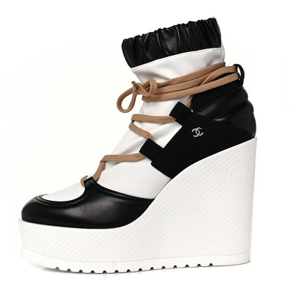 Chanel Patent Calfskin Runway Wedge Short Platform Boots 39.5 Black White Beige 1 of 8