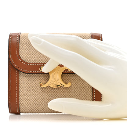 Celine Shiny Calfskin Textile Triomphe Compact Wallet Natural Tan 2 of 9
