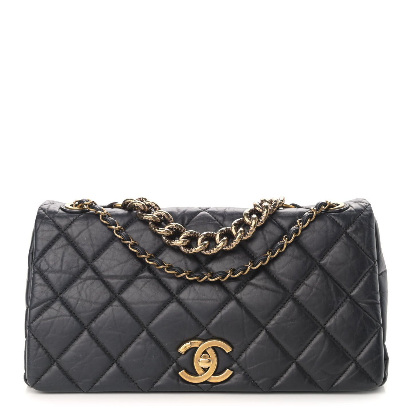Aged Calfskin Quilted Small Pondichery Flap Black
