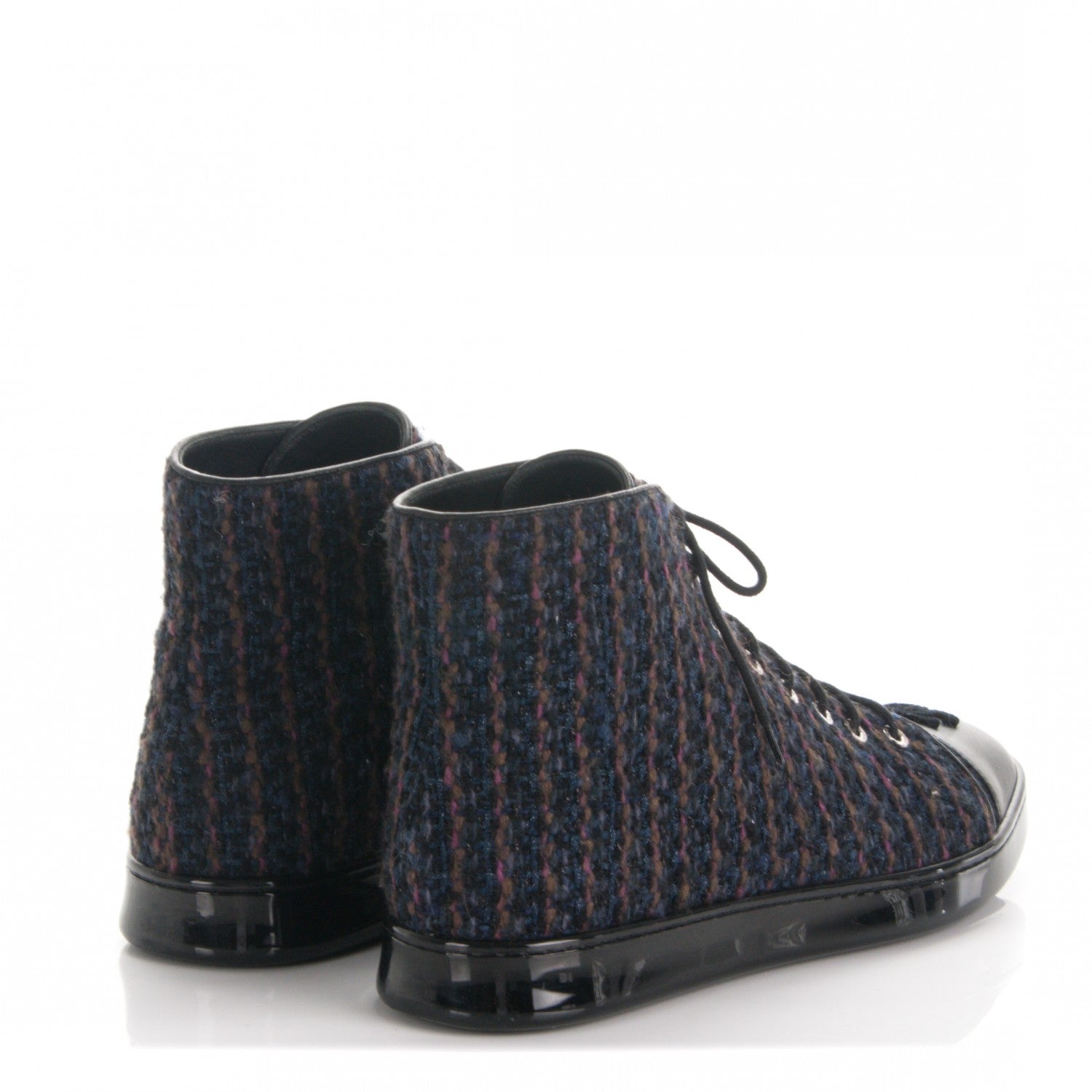 Chanel Tweed Lambskin High Top Sneakers 40 Navy Black Khaki 4 of 7