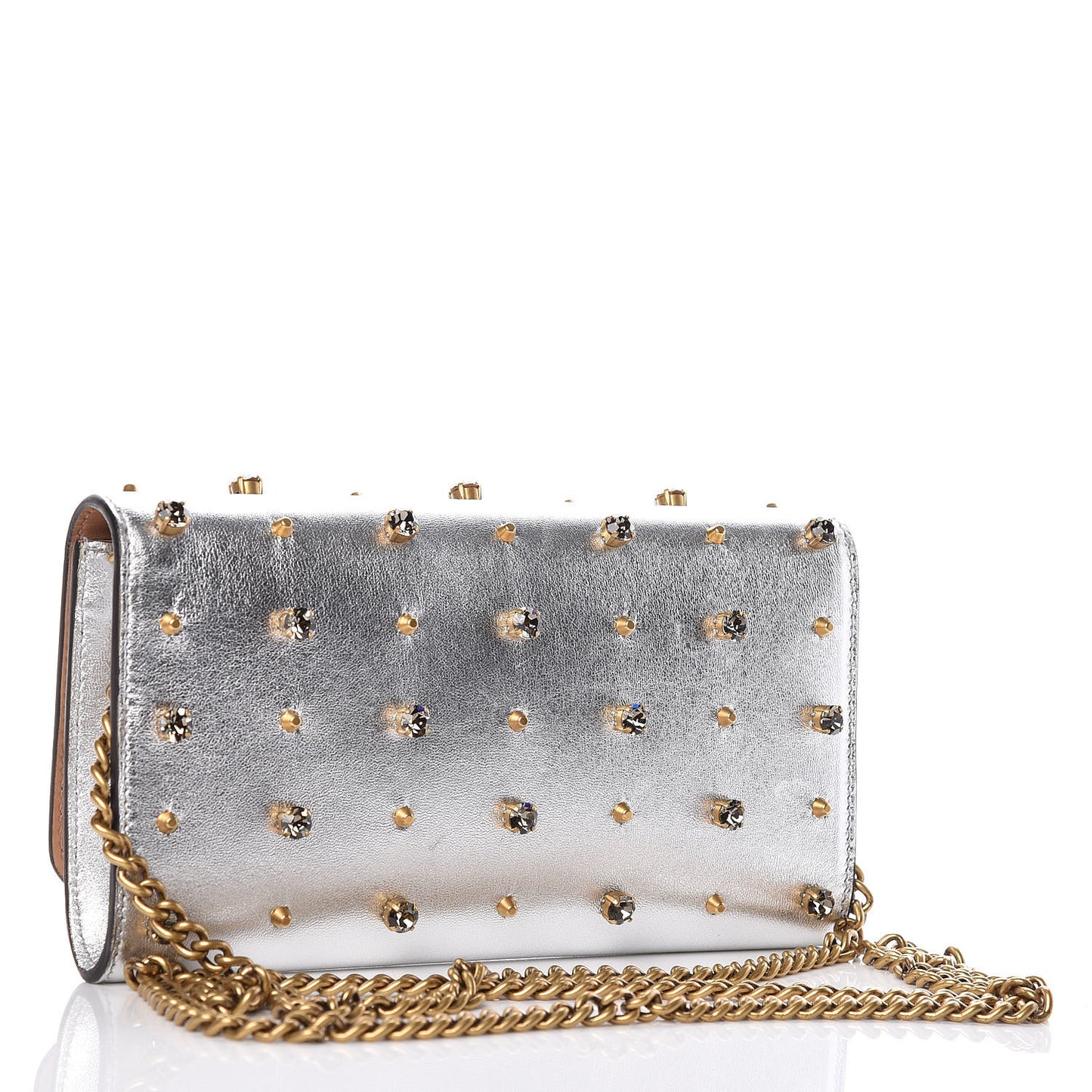 Metallic Nappa Embellished Tiger Broadway Chain Clutch Silver