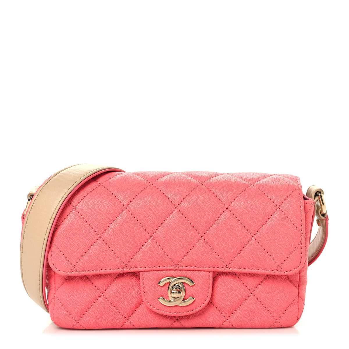 Iridescent Caviar Quilted Mini Flap With Thick Strap Pink Beige