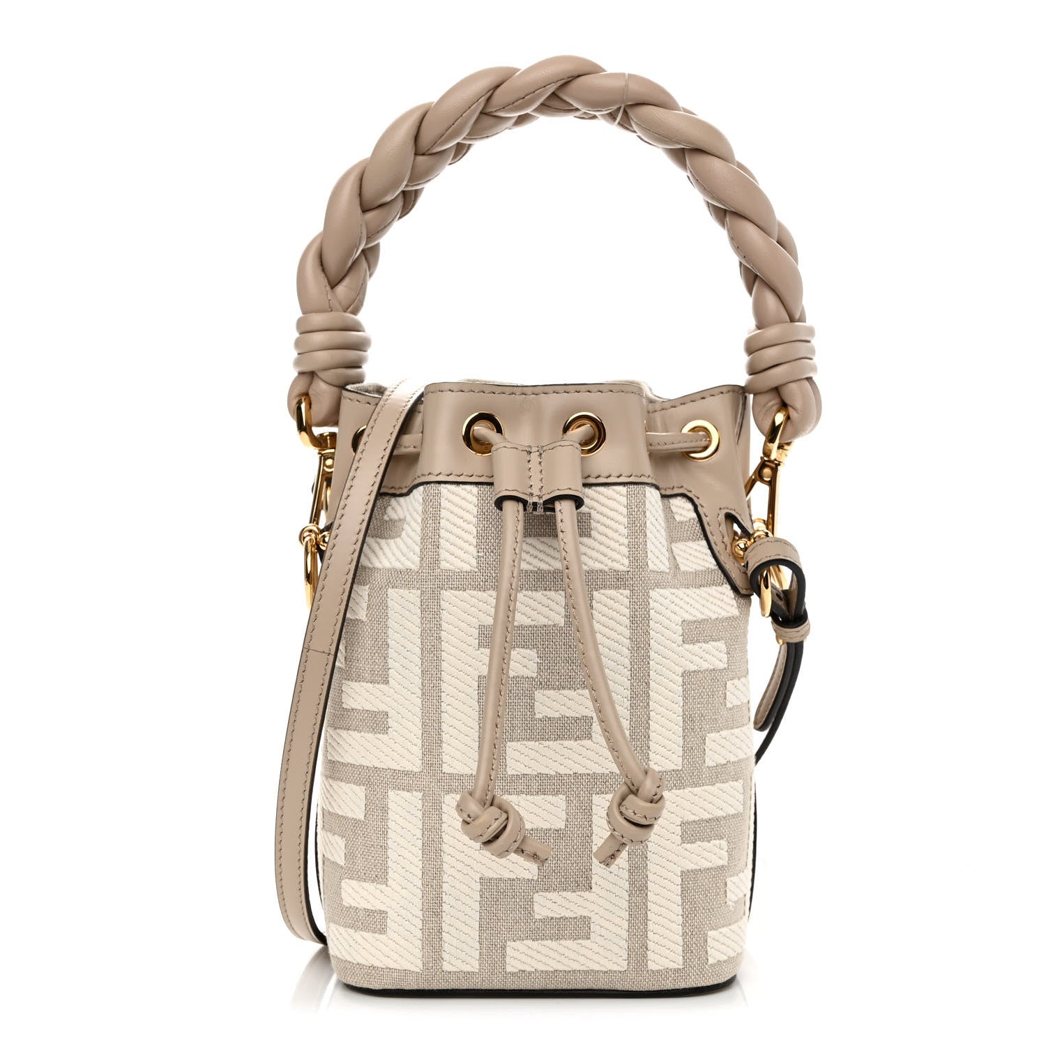 Fendi Canvas Nappa F is Fendi FF Embroidered Mini Mon Tresor Bucket Bag Grezzo White Nuvola 1 of 10
