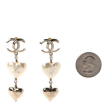 Chanel Pearl CC Double Heart Drop Earrings Gold 2 of 4