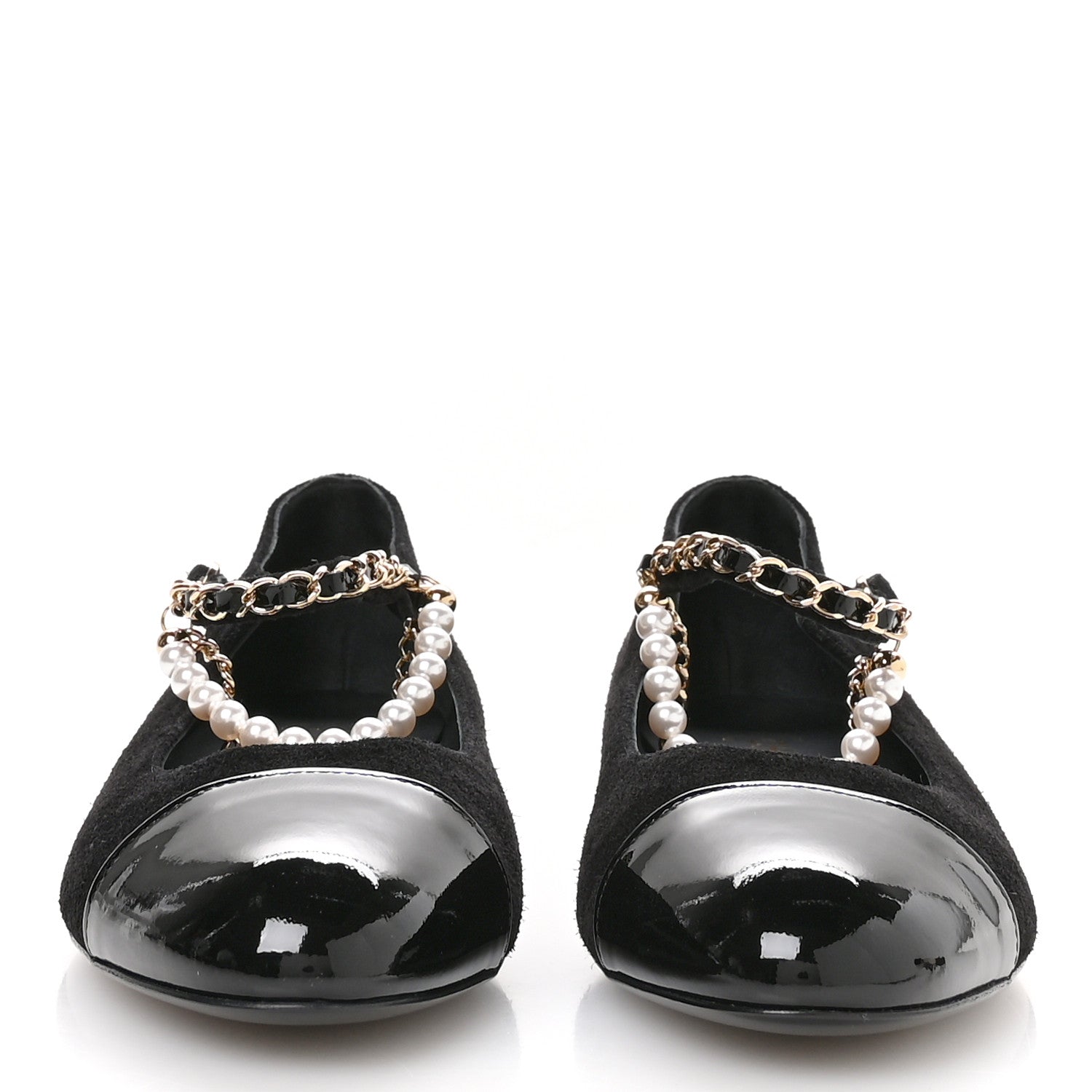 Chanel Shiny Lambskin Pearl Cap Toe Ankle Chain Ballerina Flats 40