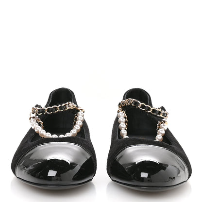 Chanel Shiny Lambskin Pearl Cap Toe Ankle Chain Ballerina Flats 40 Black 3 of 9
