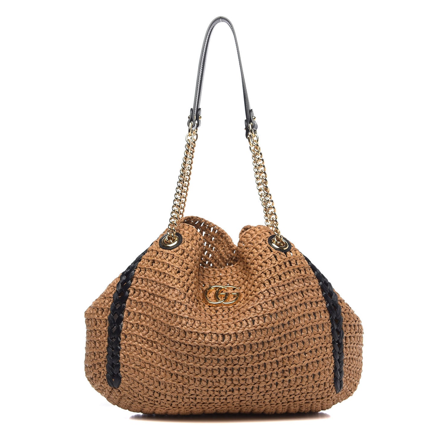 Raffia Effect Large GG Marmont Shoulder Tote Bag Natural Black